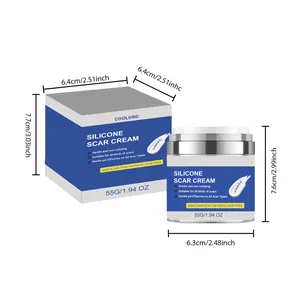 Detailed dimensions and sizing of 55g silicone scar cream jar and blue packaging box