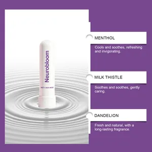 Detailoverzicht Neurobloom inhalator ingrediënten: menthol, mariadistel en paardenbloem.