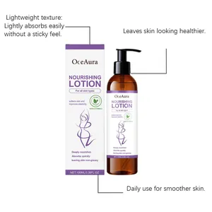 Vue détaillée du flacon de lotion nourrissante OceAura et de son emballage avec caractéristiques.