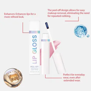 Primo piano del lucidalabbra peel-off con applicatore e campione di colore rosa.