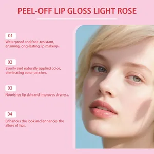 Nahaufnahme eines blonden Models mit hellrosa Peel-off-Lipgloss und Produktvorteilen.