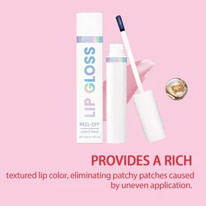 Dettaglio di lucidalabbra peel-off rosa chiaro con applicatore e descrizione della texture.