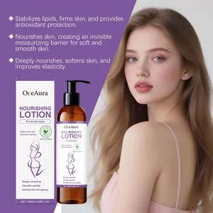 Lait corps nourrissant à la lavande OceAura avec modèle montrant une peau douce et lisse.