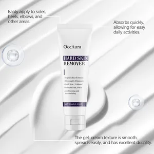Detail view of OceAura foot cream showing smooth texture and moisturizing benefits for dry skin.