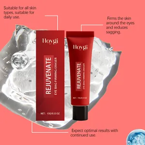 Macro view of Hoygi eye bag firming gel tube and box with hydrating texture background