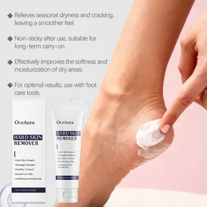 Detail view of OceAura foot cream application on a dry heel for moisturizing.