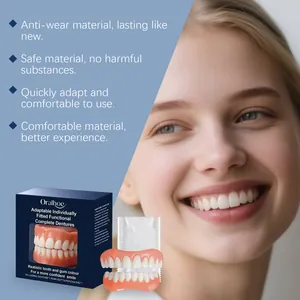 Vista detallada del set de prótesis ORALHOE con puntos clave y modelo sonriente.