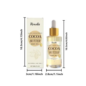 Detail von Roxelis Kakaobutter Körperöl Flasche und Box mit genauen Maßen