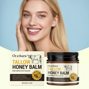 Λεπτομέρεια του βάζου OceAura Tallow Honey Balm και της συσκευασίας του προϊόντος