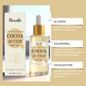 Detailansicht des Kakaobutter-Körperöls mit Inhaltsstoffen wie Glycerin und Tocopherol.