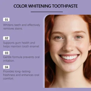 Infographie montrant quatre avantages du dentifrice blanchissant violet
