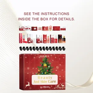 Calendario de adviento de belleza con 24 sorpresas de cuidado en una caja roja festiva.