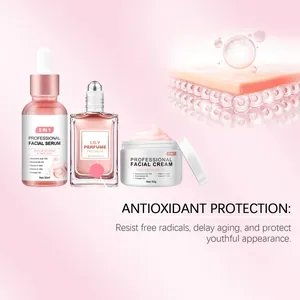 Detalle del set de cuidado de la piel antioxidante con suero, crema y perfume