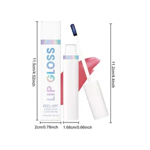 Dimensioni tecniche del lucidalabbra peel-off con tubetto, scatola e campione rosa