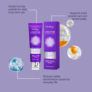 Détail du dentifrice violet Oralhoe au lysozyme montrant les bienfaits blanchissants