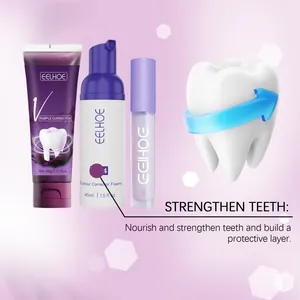 Détail du kit de soins dentaires EELHOE avec mousse et pâte correctrice violette
