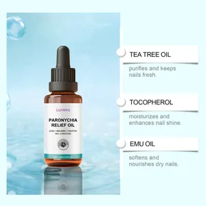Detail view of Laniska Paronychia Relief Oil showing tea tree and emu oil benefits