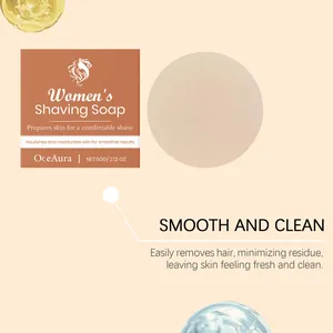 Detailed view of OceAura gentle women's shaving soap packaging and soap texture