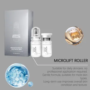 Detail view of Microlift Roller essence kit with glass vials and serum droplets