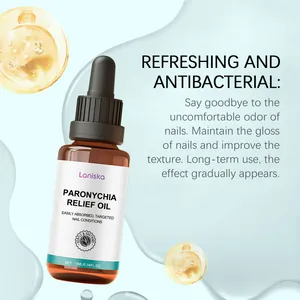 Close-up of LANISKA paronychia relief oil bottle with clear nourishing liquid droplets