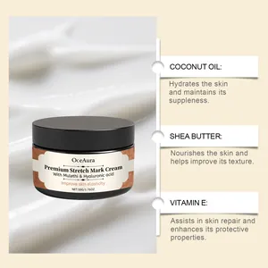 Crème anti-vergetures OCEAURA au beurre de karité et à la vitamine E pour réparer la peau sèche.
