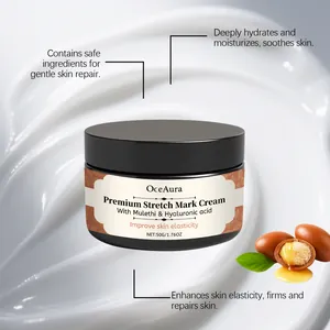 Gros plan de la crème anti-vergetures OceAura avec texture hydratante et sûre