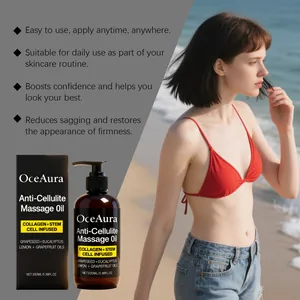 Detalle del frasco de aceite de masaje anticelulítico OceAura junto a modelo