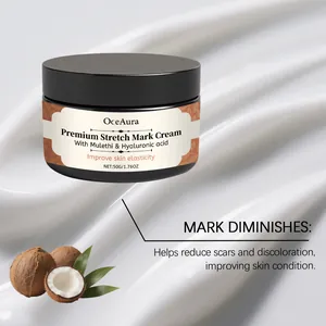 Détail de la crème anti-vergetures haut de gamme OceAura avec texture onctueuse et coco