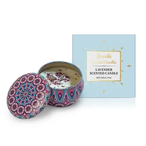 Vela aromática de lavanda en lata mandala con elegante caja de regalo azul claro