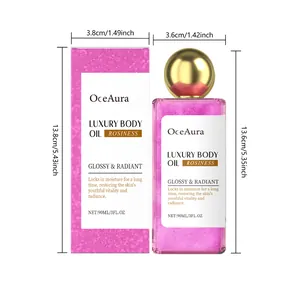 Detaillierte Größenangaben für OceAura Rosy Glitter Body Oil Flasche und die Außenverpackung