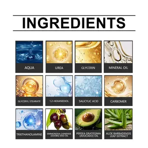Detailoverzicht van ingrediënten zoals ureum, glycerine en avocado-olie voor voetcrème
