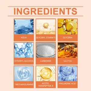 Infographie des ingrédients de la crème de soin comme l'acide hyaluronique et peptides.