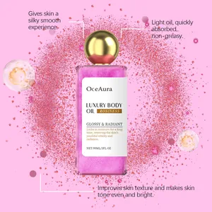 Nahaufnahme des luxuriösen OceAura Rosen-Glitzer-Körperöls mit schimmernder Textur.