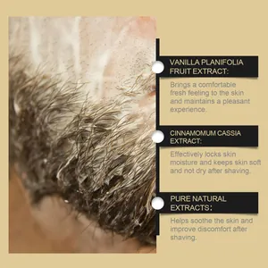 Primer plano de espuma de afeitar en barba que muestra ingredientes para calmar la piel.
