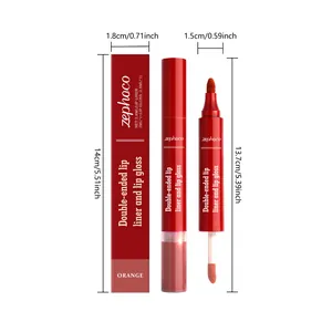 Détail du crayon à lèvres et gloss Zephoco double embout avec dimensions et emballage