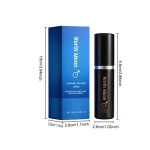 Detaillierte Abmessungen von North Moon externem männlichem Pflegespray und der blauen Box