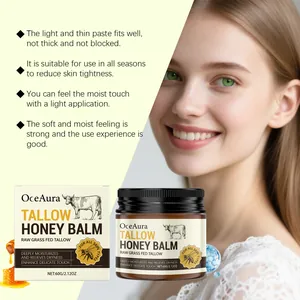 Κοντινό πλάνο συσκευασίας OceAura Tallow Honey Balm και μοντέλου με λαμπερό, ενυδατωμένο δέρμα.