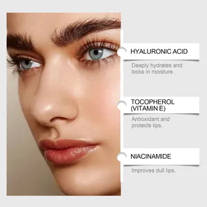 Dettaglio ingredienti della tinta labbra: Acido Ialuronico, Vitamina E, Niacinamide.