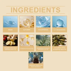 Detailed list of hair essence ingredients including Ginger and Rosemary oils