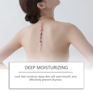 Detail of skin care cream effectiveness on a back scar with deep moisturizing text