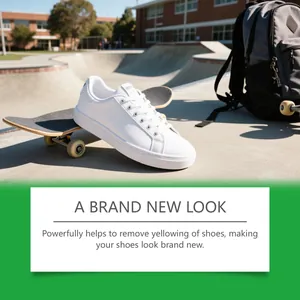 Close-up of a white sneaker on a skateboard demonstrating whitening cleaning paste results