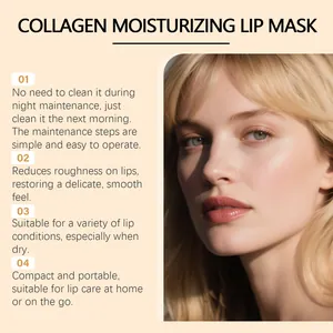 Vorteile der Kollagen-Lippenmaske neben dem Porträt einer blonden Frau erklärt.
