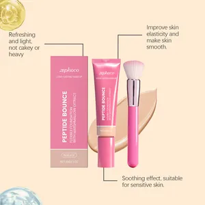 Detail view of Zephoco long-lasting foundation with matching makeup brush and swatch
