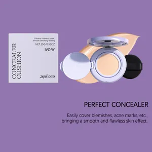 Vista dettagliata del correttore cushion Zephoco Ivory con confezione e campione di prodotto