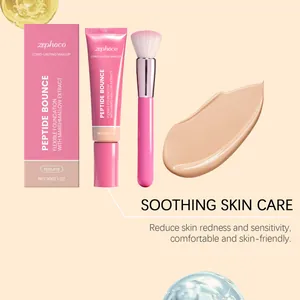 Detail of Zephoco Peptide Bounce liquid foundation tube with application brush and smear
