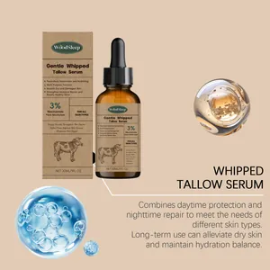 Detail view of WoodSleep Tallow Serum featuring 3% Niacinamide packaging and liquid drop