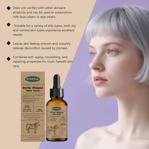 Close-up of WoodSleep Tallow Serum bottle with a model showing smooth skin results.