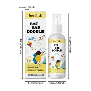 Dimensions détaillées du spray Jue Fish pour effacer les gribouillis et de son emballage