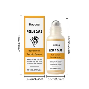 Detailed size specifications for Hoegoa 30ml roll-on hair density serum with bottle and box