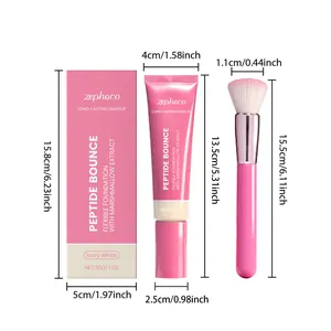 Detailed dimensions of Zephoco long-lasting foundation tube and pink makeup brush set